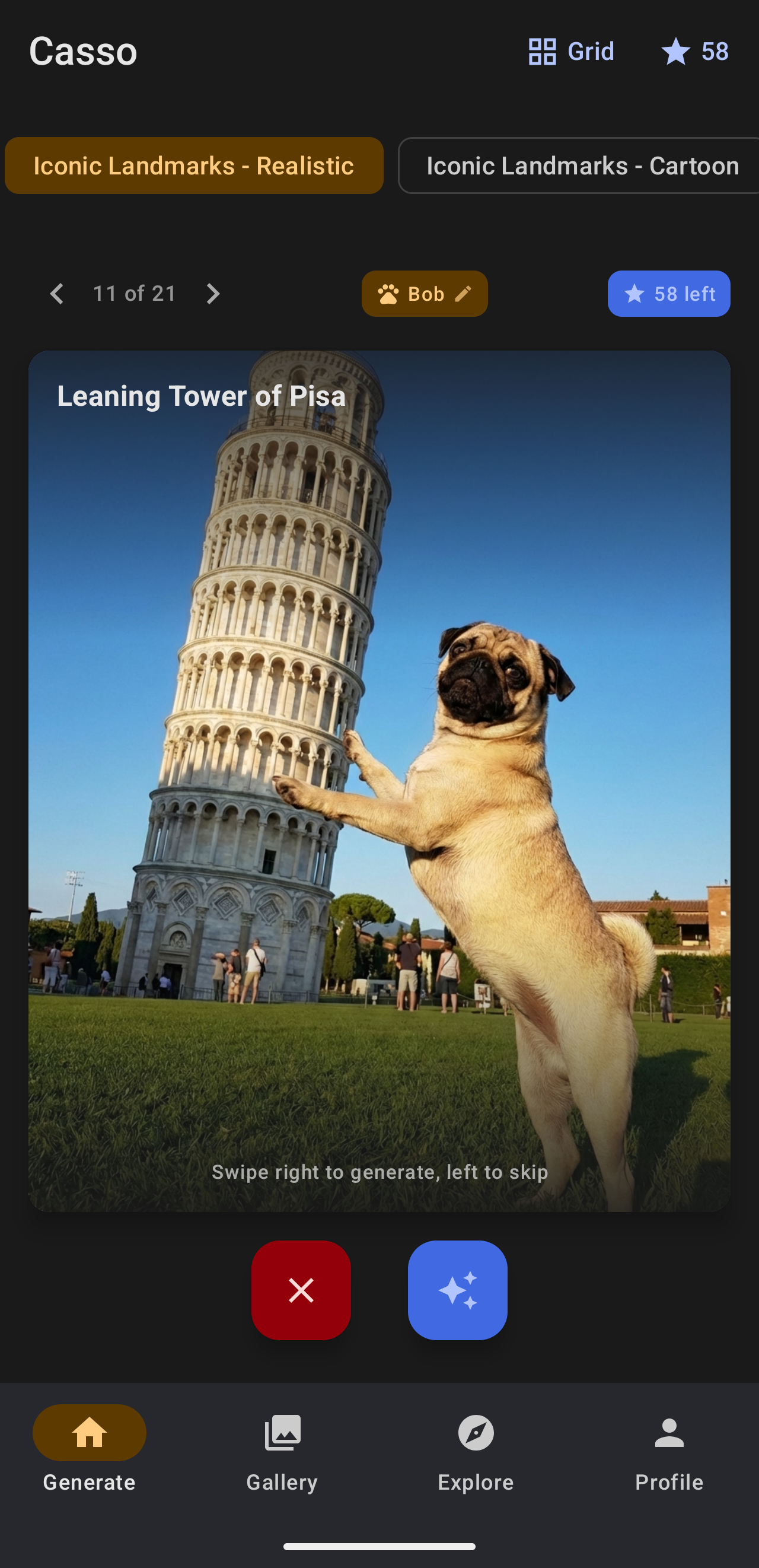 Leaning Tower of Pisa prompt with pug